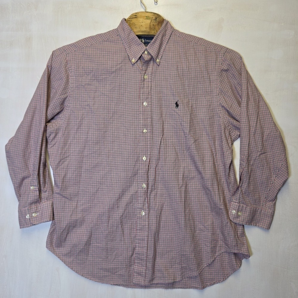 Ralph Lauren Shirt Mens Plaid Size 17 5 Long Sleeve Button Down Red Blue Logo